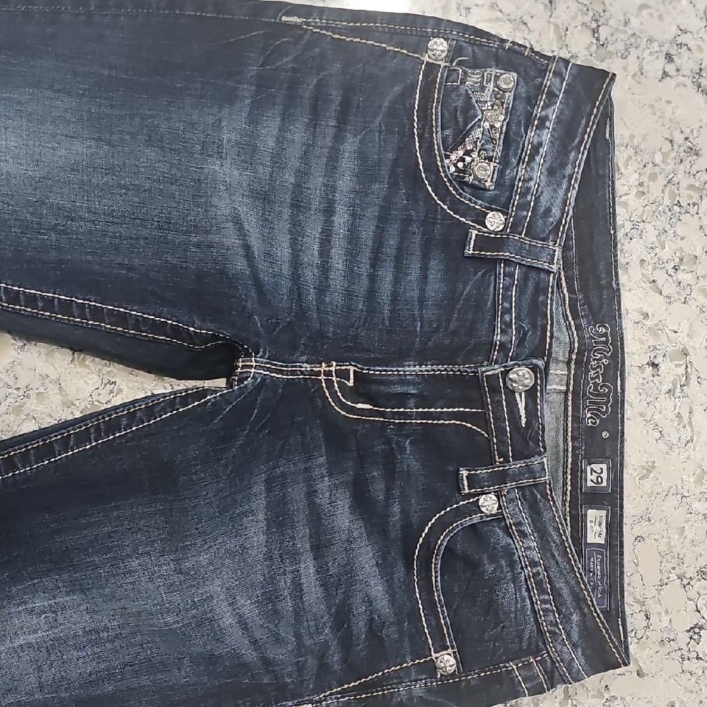 Miss Me Dark Blue Boot Cut Jeans with Silver Accents - Picture 2 of 10